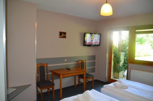 a bedroom with a desk and a bed and a table at Hotel Tenis in Chrząstowice