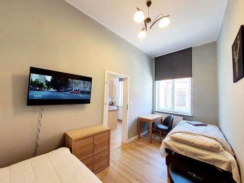 1 dormitorio con 1 cama y TV de pantalla plana en la pared en Apartament Kleopatra, en Gniezno