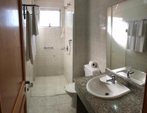 a bathroom with a sink and a toilet and a shower at Barbur Plaza Hotel in Ponta Grossa