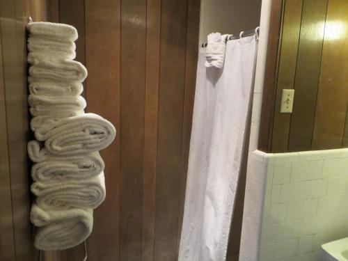 een stapel handdoeken op de muur van een badkamer bij Alamo Inn in Alamo