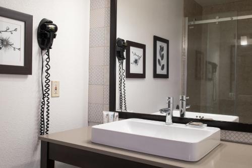 a bathroom with a mirror, sink, and bathtub at Country Inn & Suites by Radisson, Platteville, WI in Platteville