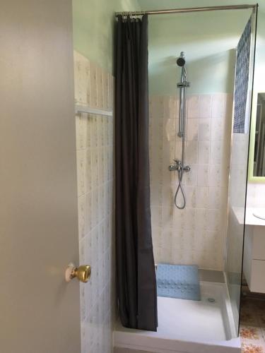 une douche dans une salle de bain avec une porte vitrée dans l'établissement Chez Jacques et Annick, à Grandcamp-Maisy