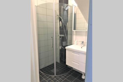 ein Bad mit einer Dusche und einem Waschbecken in der Unterkunft Bograngen Lgh C in Brograngen