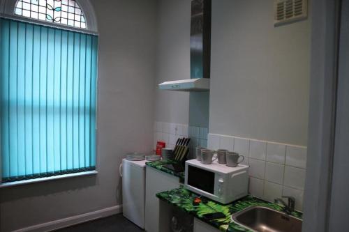 a kitchen with a sink and a microwave on a counter at The Rainforest - Central and Cosy in Nottingham