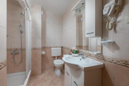 a bathroom with a toilet and a sink and a shower at Apartments Barba in Tučepi
