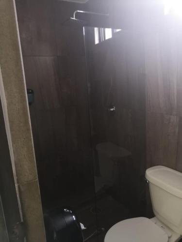 a bathroom with a toilet and a glass shower at Tepeyac 402 in León