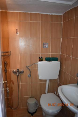 a bathroom with a toilet and a sink and a shower at The central house! in Raches