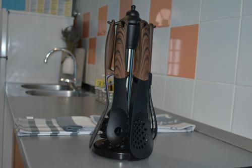 a kitchen counter with a bunch of knives in a holder at Apartments REM in Novalja