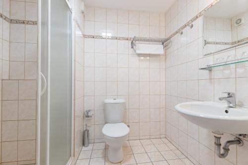 a bathroom with a toilet and a sink at Active & Wellness Hotel Subterra in Ostrov