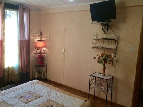 1 dormitorio con 1 cama y TV en la pared en CHAMBRE INDEPENDANTE + SANITAIRE près centre ville en Rignac