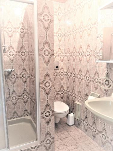 a bathroom with a shower and a toilet and a sink at Birkenhof in Millstatt