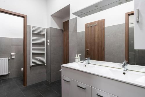 a bathroom with a white sink and a mirror at Vajda 15 Hostel Budapest in Budapest