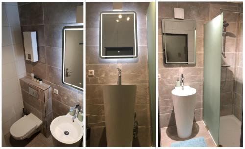 2 immagini di un bagno con servizi igienici e lavandino di Vakantiehuisje Winterberg a Winterberg