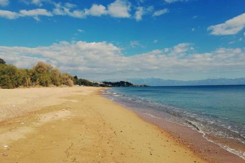 a sandy beach with water and trees on it at Im Herzen von Koroni in Koroni