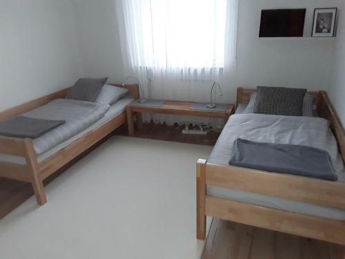 1 dormitorio con 2 camas y ventana en Freundliche Ferienwohnung mit großer Terasse en Aichstetten
