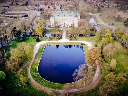 uma vista aérea de uma grande piscina de água em frente a um edifício em Hotel Zamek Królewski w Rydzynie em Rydzyna