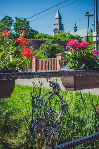 a view of a balcony with flowers on a ledge at Žabinec - penzion, vinotéka in Kurdějov