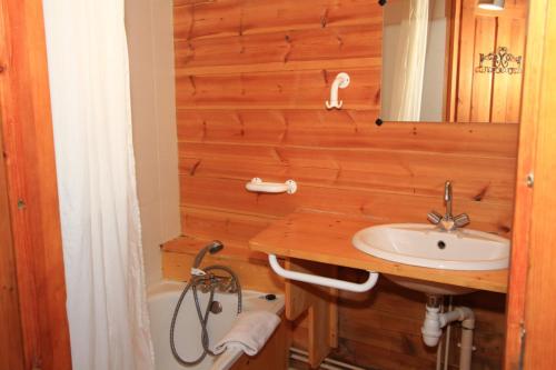 a bathroom with a sink and a mirror and a tub at Le Barlèt23 pers Hameau des Chazals Nevache Hautes Alpes in Névache