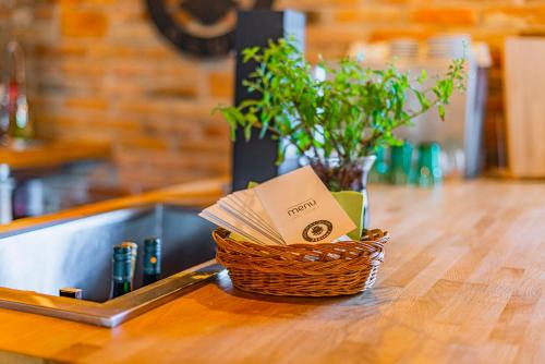 a basket of books on a table with a plant at Žabinec - penzion, vinotéka in Kurdějov