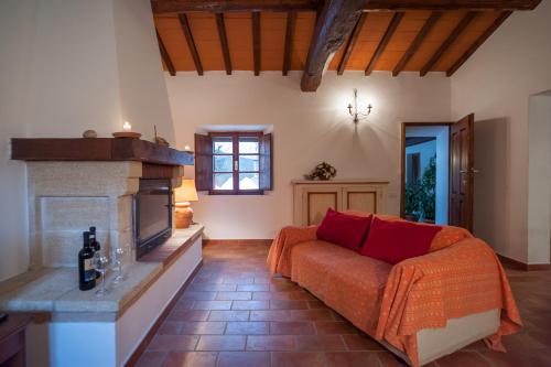 a living room with a couch and a fireplace at Agriturismo Natura E Salute in San Gimignano