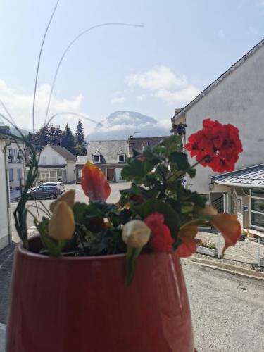 a red vase with flowers in it on a street at Chambres d'hôtes Chez Valérie Garage motos et vélos in Arette