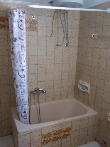 a bathroom with a bath tub with a shower curtain at Original House in Larisa