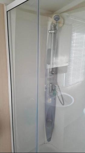 a shower in a bathroom with a glass door at Stunning modern lodge in Port Seton