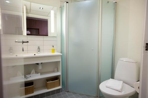 a bathroom with a shower and a toilet and a sink at Hotel Faaborg Fjord in Faaborg