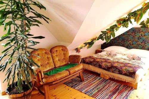 ein Schlafzimmer mit einem Bett, einem Stuhl und einer Pflanze in der Unterkunft Klimatyczna Willa w stylu BOHO in Wysokie Mazowieckie