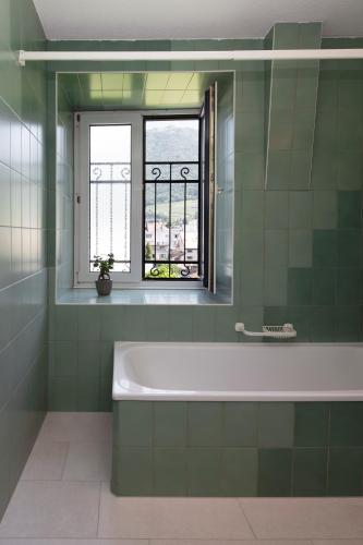 a green bathroom with a tub and a window at Hôtel du Port in Villeneuve
