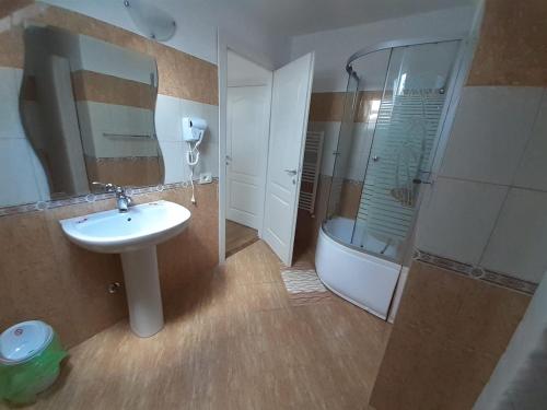 W łazience znajduje się umywalka i prysznic. w obiekcie Pensiunea Alessia w mieście Piatra Neamţ