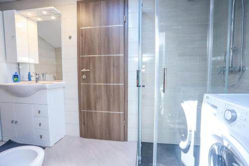 een badkamer met een douche, een toilet en een wastafel bij Apartment Santa Marina in Vabriga