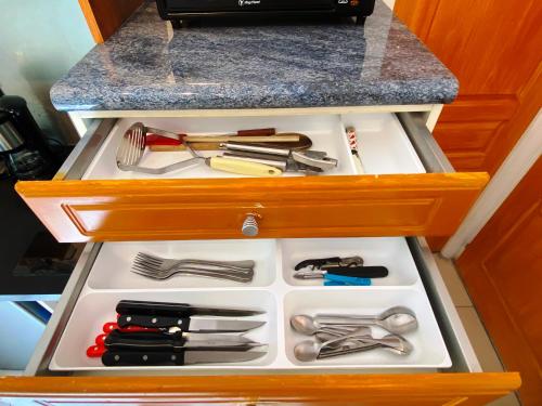 un tiroir rempli d'ustensiles dans une armoire dans l'établissement Chalet Champraz Studio - Free Parking, à Chamonix-Mont-Blanc