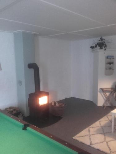 a room with a fireplace with a pool table at Frederiksensminde Bed & Breakfast in Marrebæk