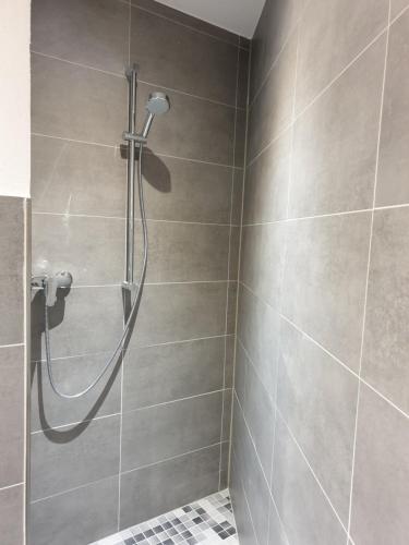 a shower with a hose in a bathroom at Beim Hooch. Lisbeth in Brücktal