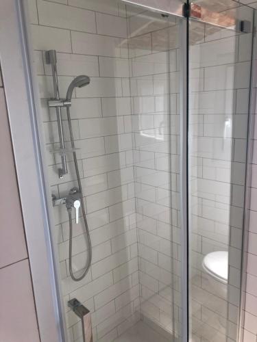une douche avec une porte vitrée à côté d'un lavabo dans l'établissement Appartement Place du Marché Bastia, à Bastia