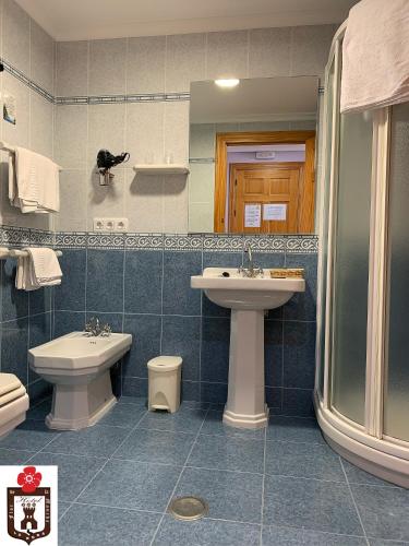 a bathroom with a sink and a toilet at Hotel Flor de la Mancha in La Roda