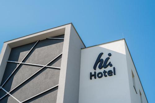 a sign for his hotel is seen outside a building at Hi Hotel Gdansk Airport in Gdańsk-Rębiechowo