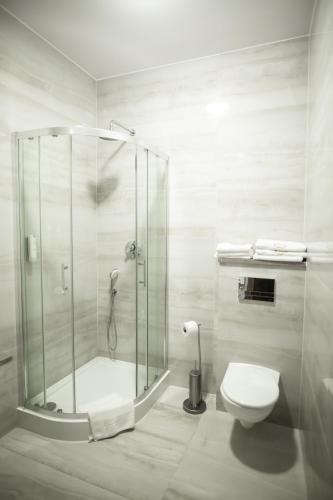 a bathroom with a glass shower and a toilet at Zamek Dubiecko in Dubiecko