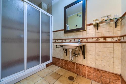 a bathroom with a shower and a sink and a mirror at Hotel Pozo Rey in Chipiona