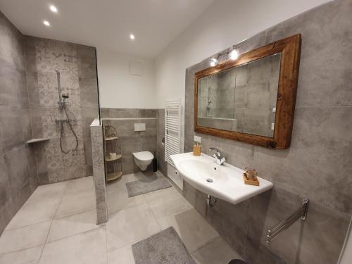 uma casa de banho com um lavatório, um chuveiro e um espelho. em Kunstwerk AppARTement em Sankt Michael im Lungau