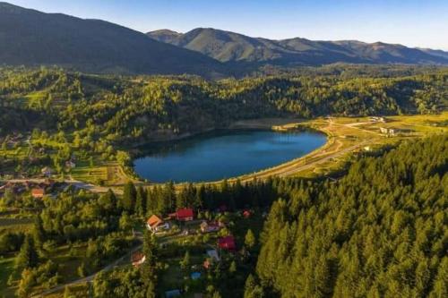 an aerial view of a lake in the mountains at Căsuța din pădure de la Câmpu lui Neag in Cîmpu lui Neag