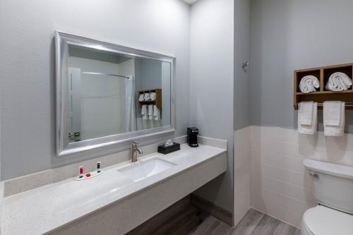 a white bathroom with a sink and a toilet at Days Inn & Suites by Wyndham Downtown/University of Houston in Houston