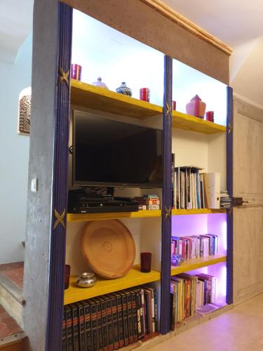 a room with a tv and a book shelf with books at Mas de la Petite Jeanne in Grimaud