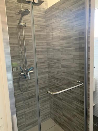 une douche avec une porte vitrée dans une salle de bain dans l'établissement VILLA ROMANA, à Beaumont-sur-Sarthe