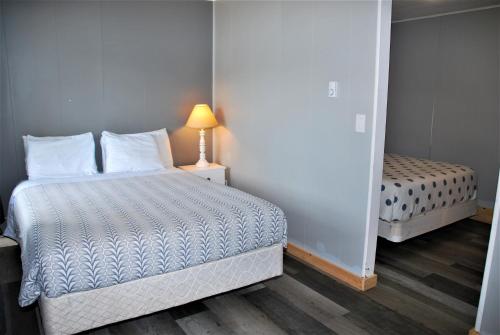 1 dormitorio con 2 camas y una lámpara en una mesa en Jasper Way Inn, en Clearwater