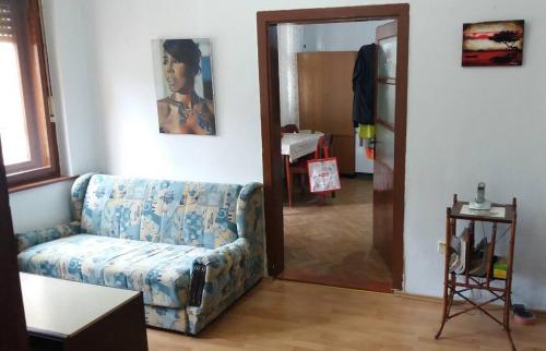 ein Wohnzimmer mit einem Sofa und einem Spiegel in der Unterkunft Vladone in Vršac