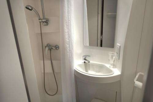 a bathroom with a shower and a sink and a mirror at Ondoria in Itxassou
