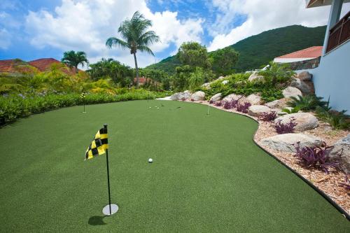 a golf course with a yellow flag on a green field at BLUE LAGOON in Virgin Gorda