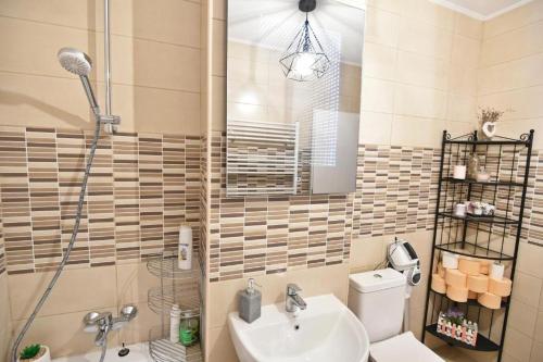 La salle de bains est pourvue d'un lavabo, d'une douche et de toilettes. dans l'établissement Good Vibes Apartament, à Braşov